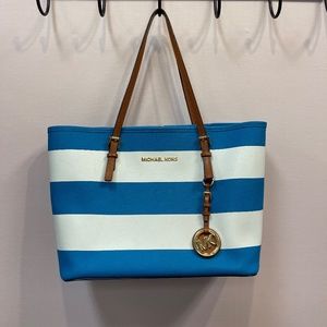 Michael Kors blue and white striped tote bag